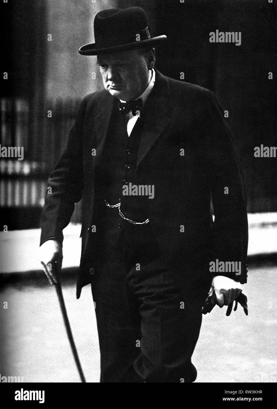 Winston Churchill leaving Downing Street on 10th September 1938 during the Czech crisis. Stock Photo