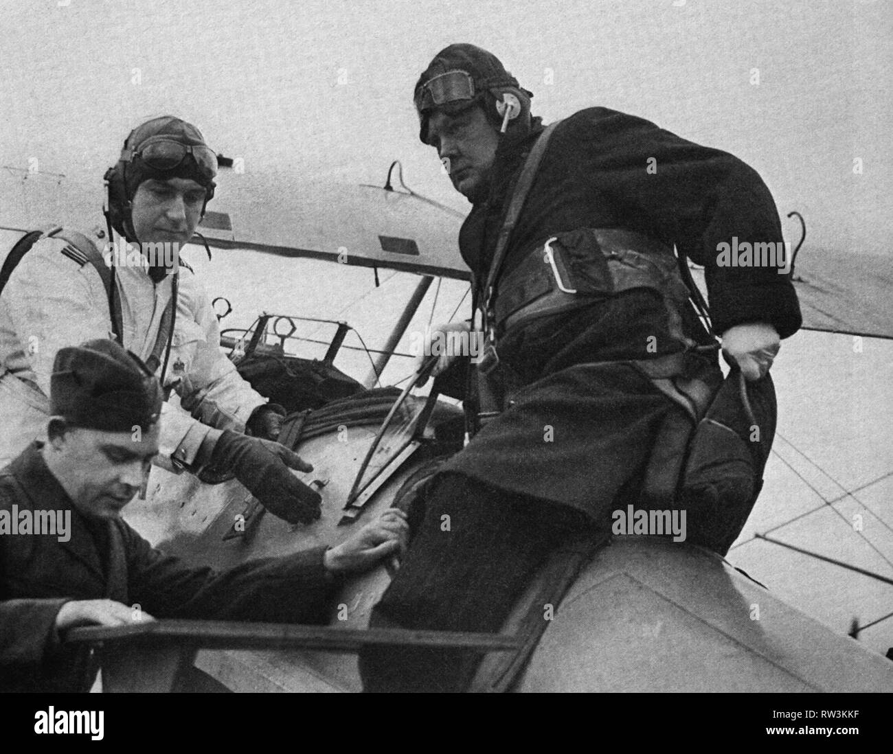 Winston Churchill  as Honorary Air Commodore flying as co-pilot at Kenley aerodrome. 16th April 1939 Stock Photo