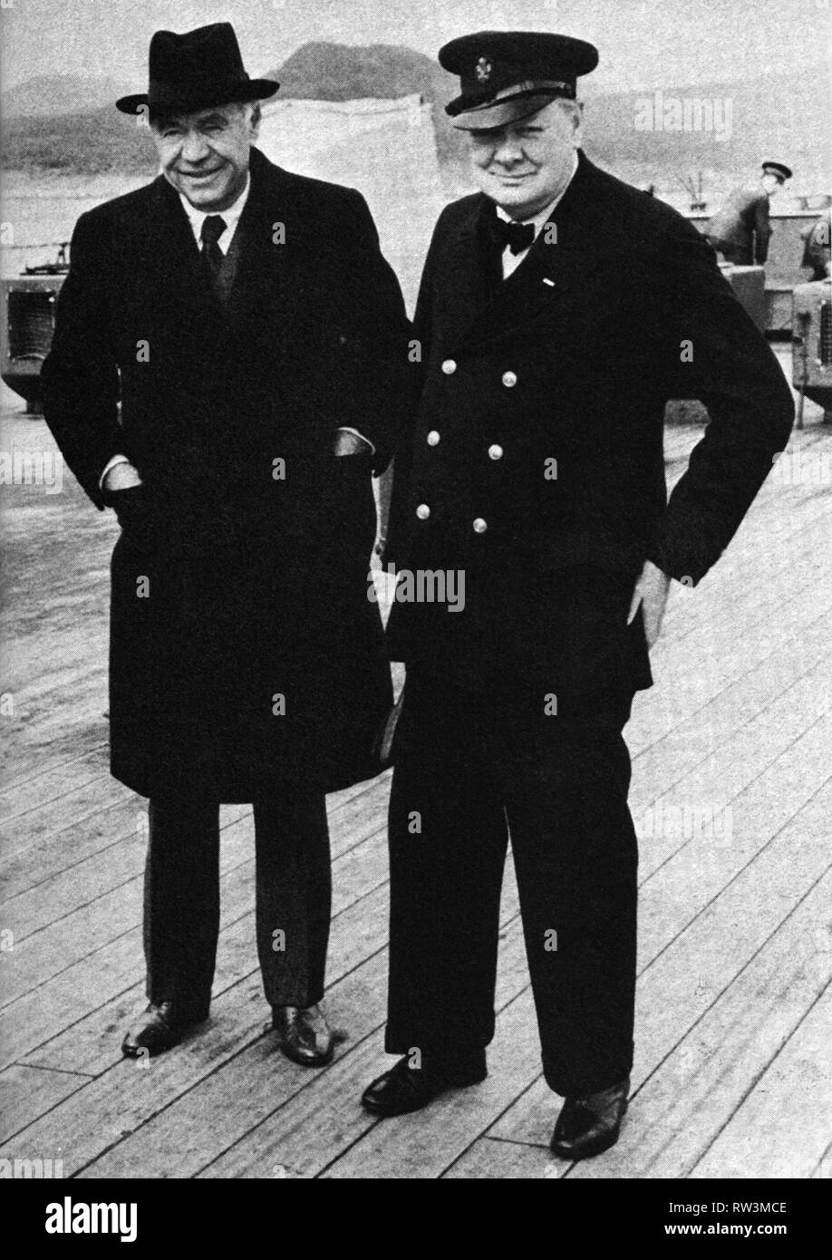 Winston Churchill with Lord Beaverbrook aboard HMS Prince of Wales, August 1941 Stock Photo