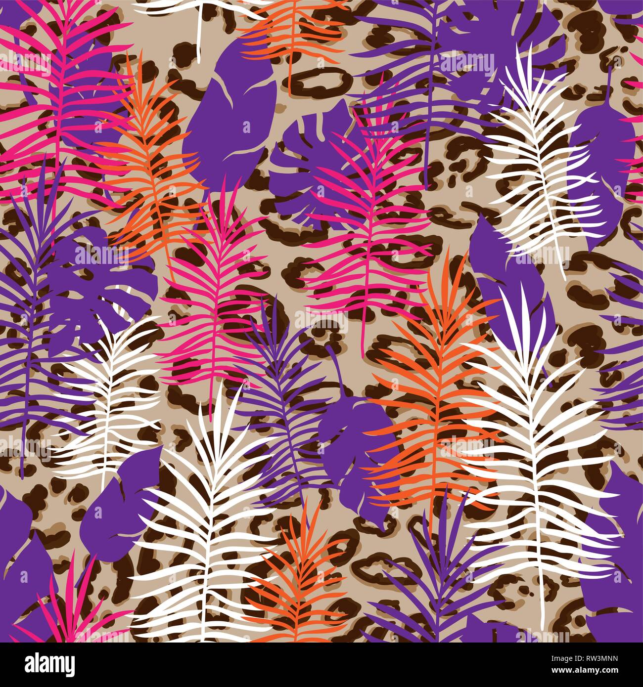 Seamless Pattern Exotic Floral Background. Tropical Flowers and Leaves on leopard skin print. Stock Vector
