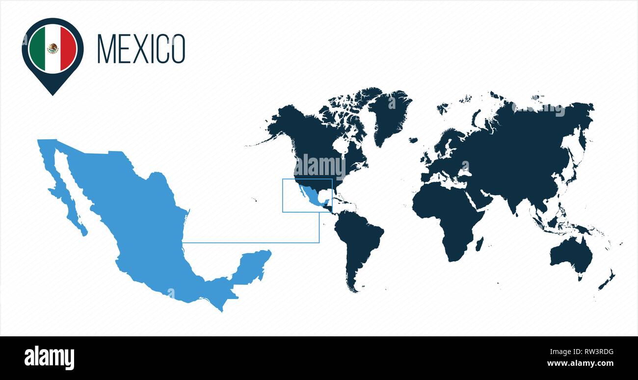 Mexico map located on a world map with flag and map pointer or pin