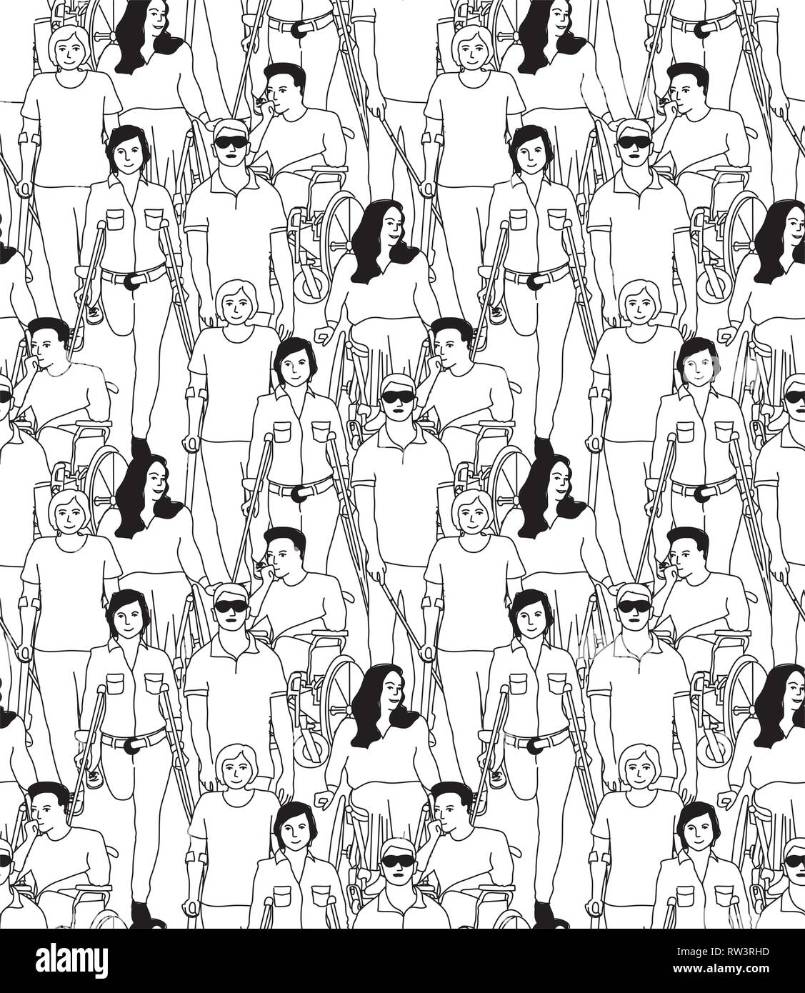 People with disabilities black and white seamless pattern Stock Vector