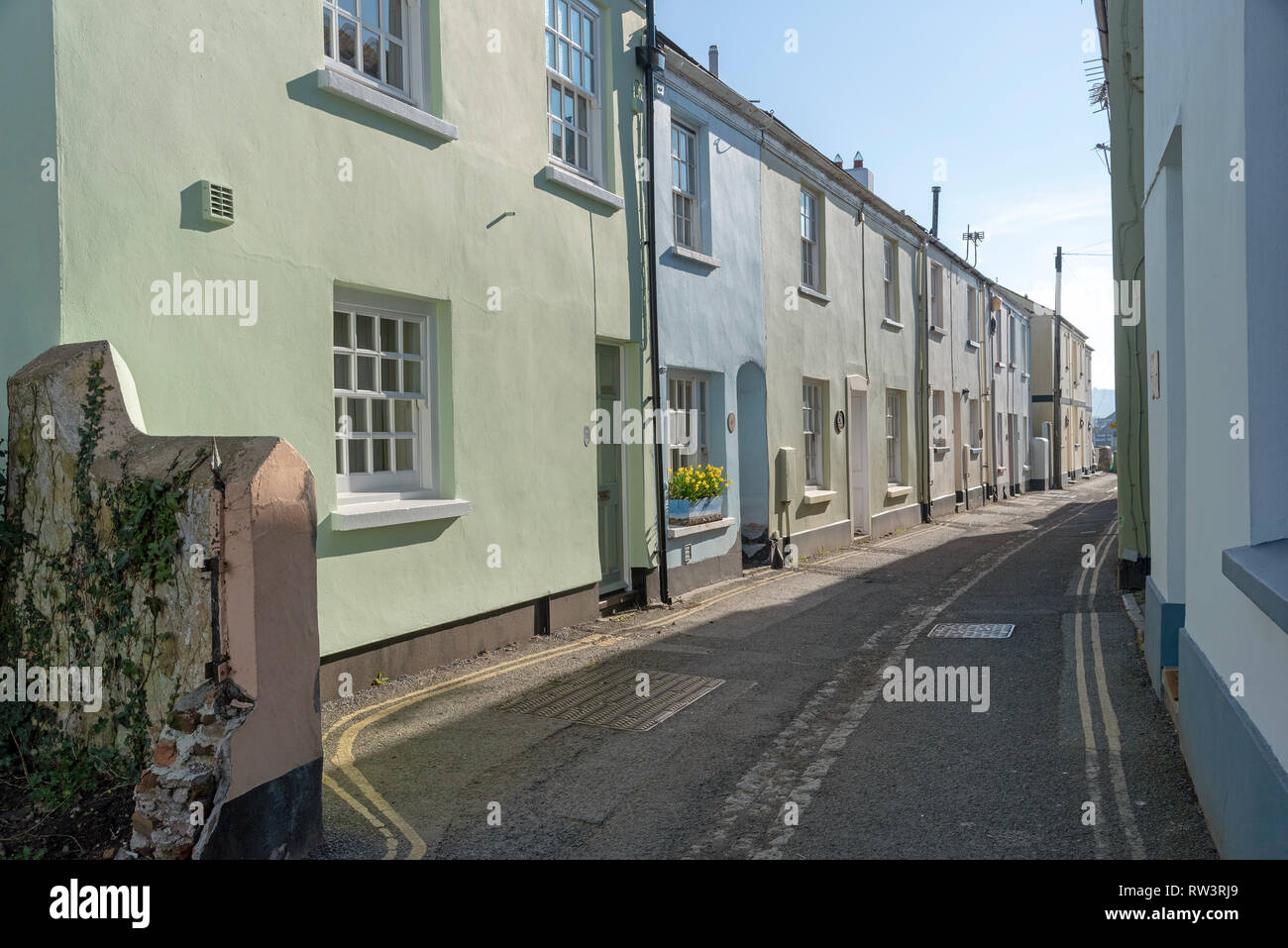 Appledore, North devon, England, UK. February 2019. Very narrow street of terraced homes in this popular seaside Devonshire town in winter Stock Photo