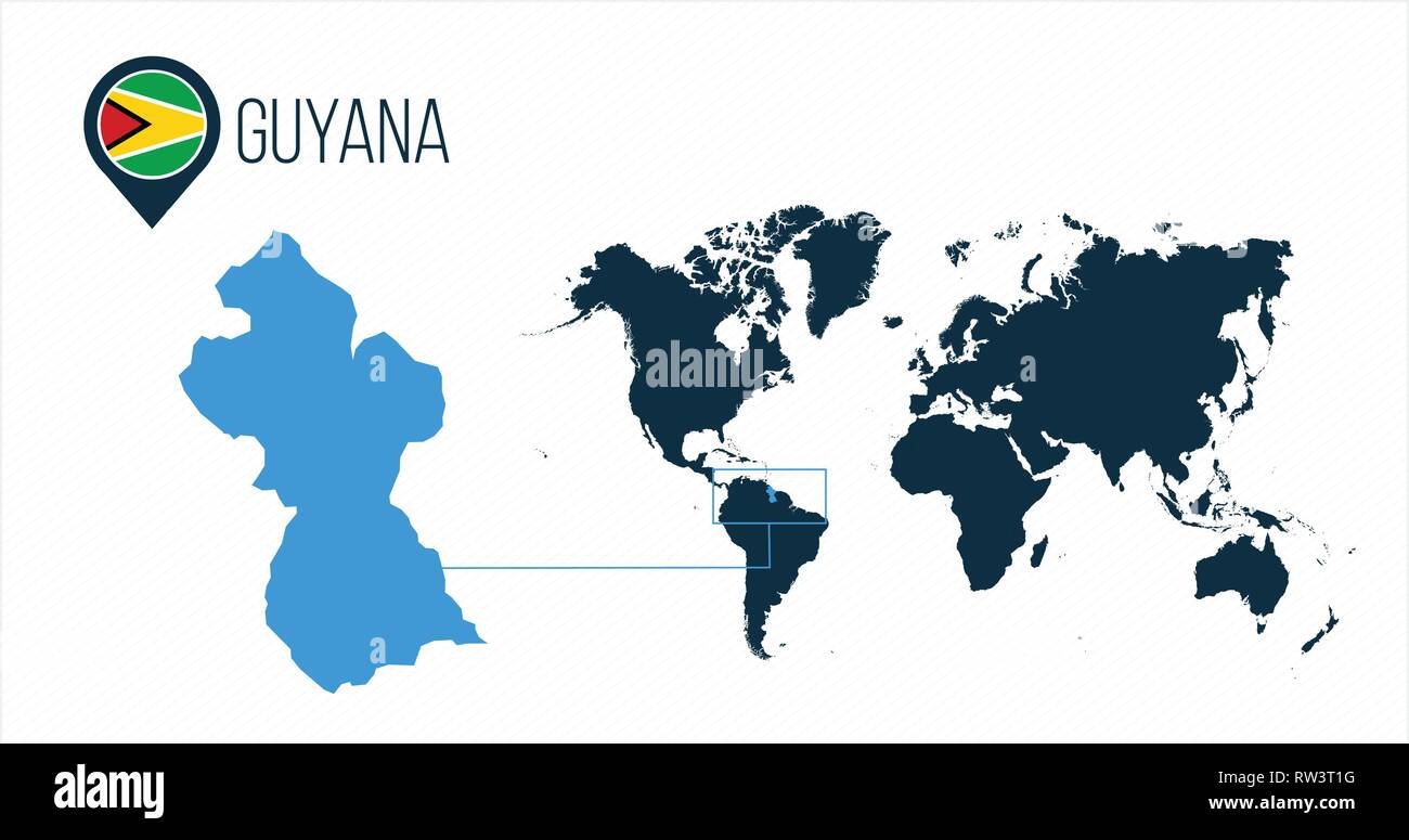 Guyana map located on a world map with flag and map pointer or pin. Infographic map. Vector illustration isolated on white Stock Vector
