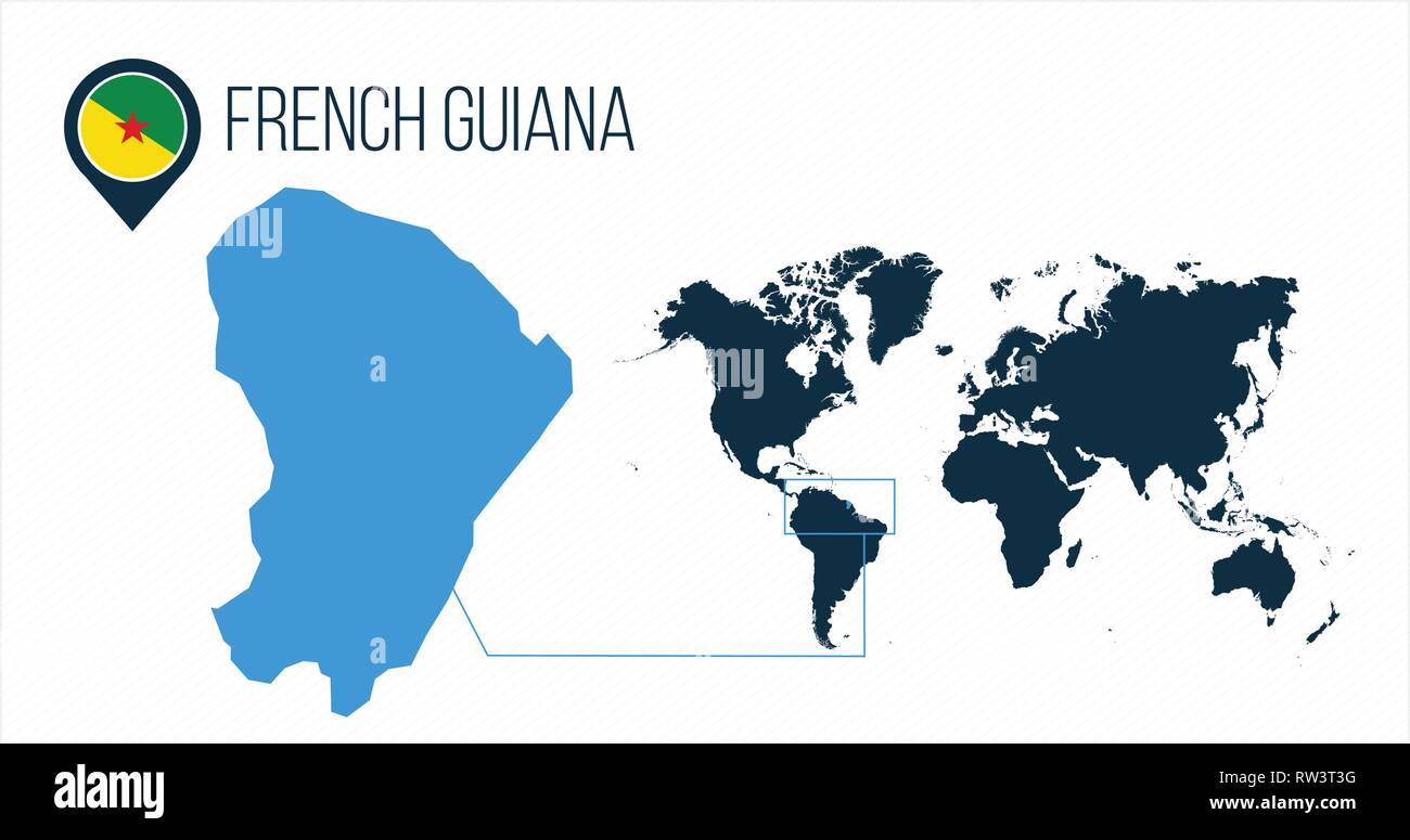 French Guiana map located on a world map with flag and map pointer or