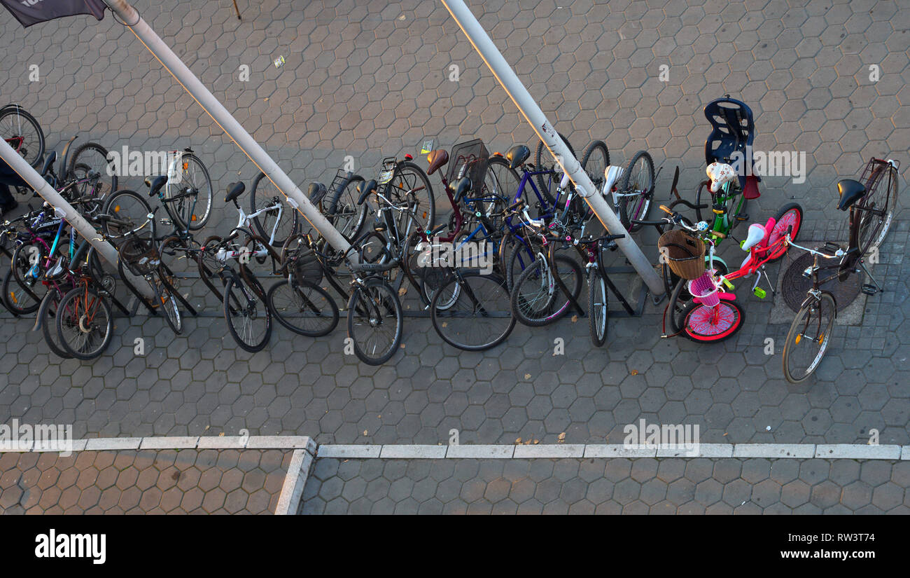 Above view on a bunch of parked bicycles Stock Photo