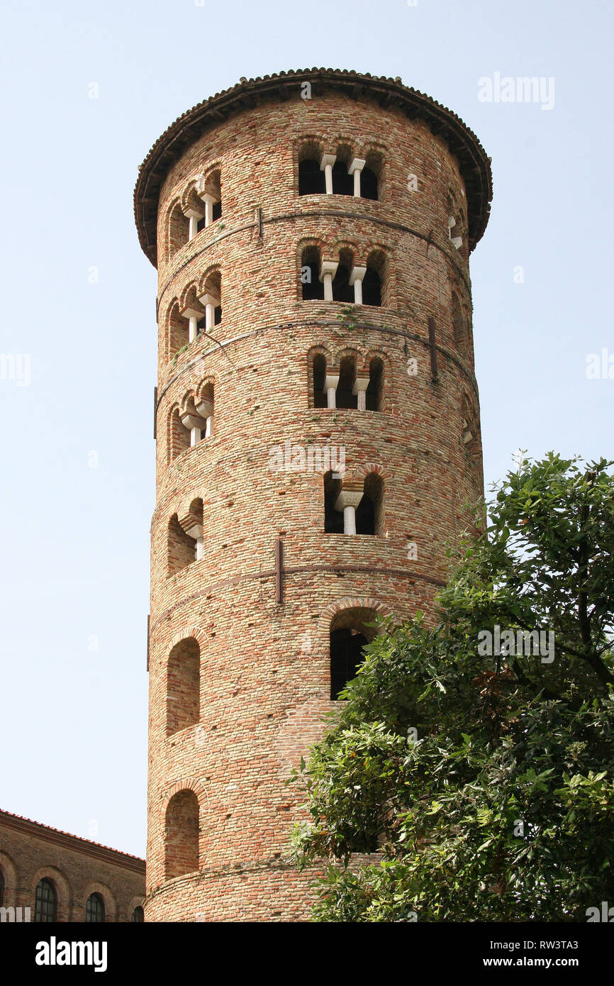 Italy. Ravenna. Basilica of Sant'Apollinare in Classe. Byzantine style. 6th CE. view of Belltower, 9th CE. Stock Photo