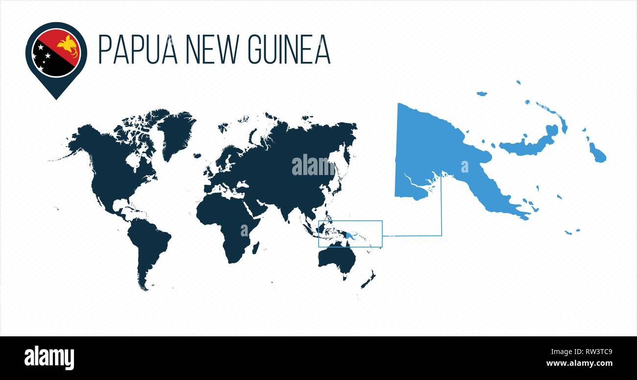 Papua New Guinea map located on a world map with flag and map pointer or pin. Infographic map. Vector illustration isolated on white . Stock Vector