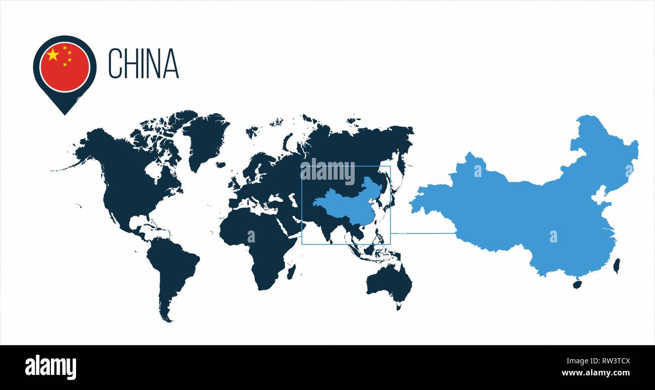 China Map Located On A World Map With Flag And Map Pointer Or Pin China Map Located On A World Map With Flag And Map Pointer Or Pin