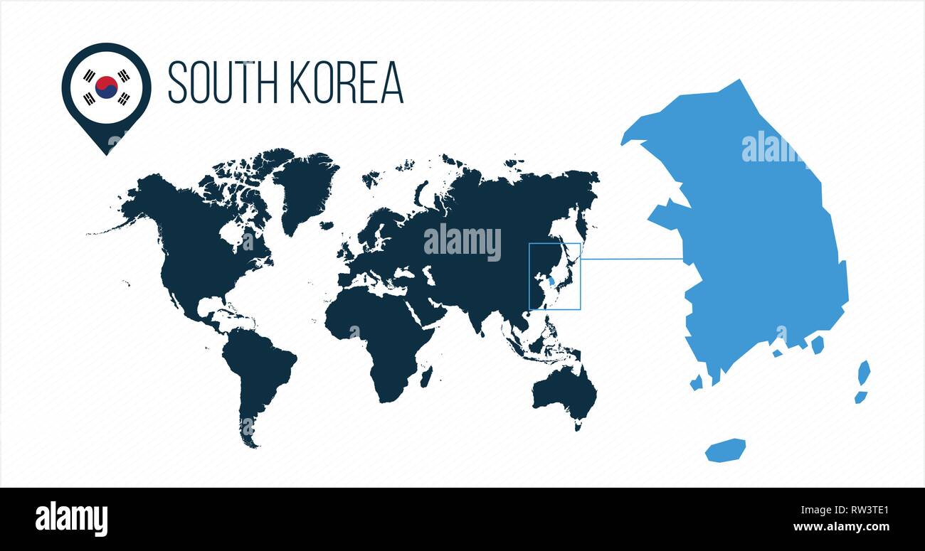 South Korea Map Located On A World Map With Flag And Map Pointer Or Pin South Korea Map Located On A World Map With Flag And Map Pointer Or Pin Infographic Map Vector Illustration Isolated On White RW3TE1