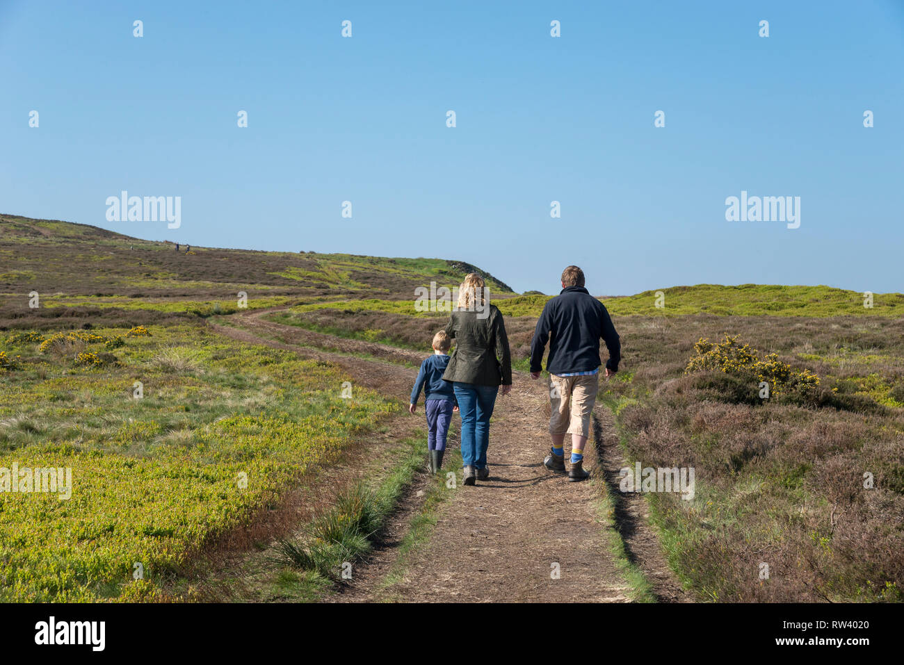 Family walking on the moors at Castleton Rigg, Westerdale, North York Moors national park, England. Stock Photo
