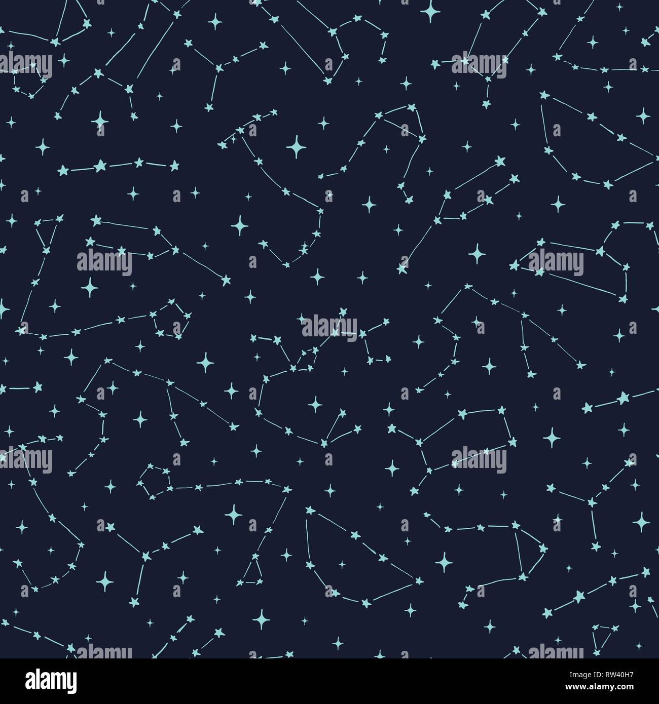 Hand drawn vector seamless pattern with zodiac constellations: aries, taurus, gemini, cancer, leo, virgo, libra, scorpio, sagittarius, capricorn, aqua Stock Vector