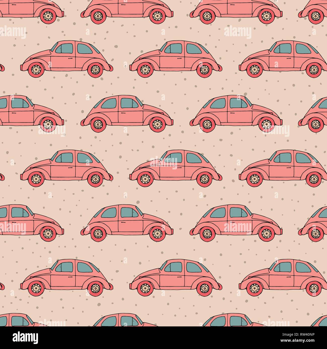 Hand drawn vector seamless pattern with retro cars on the beige polka