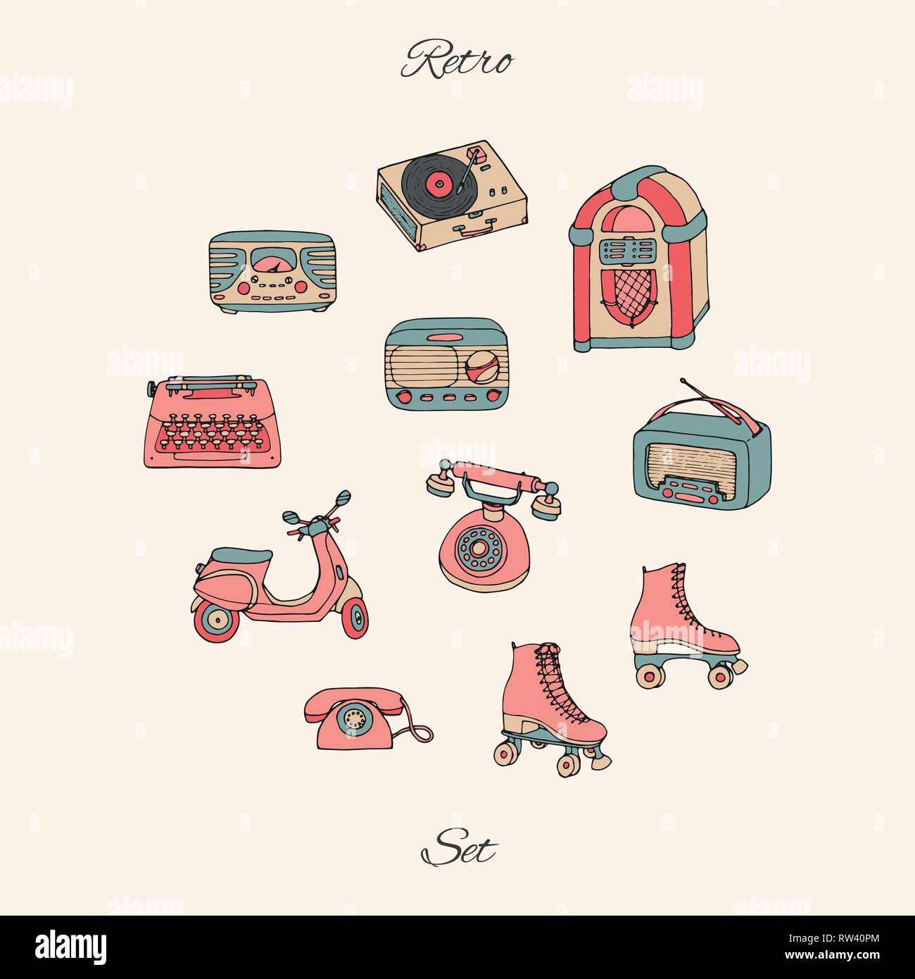 Vector retro set with antique tech, scooter, juke box, radio, typewriter, roller skates and vinyl record  player. Hand drawn collection of vintage obj Stock Vector