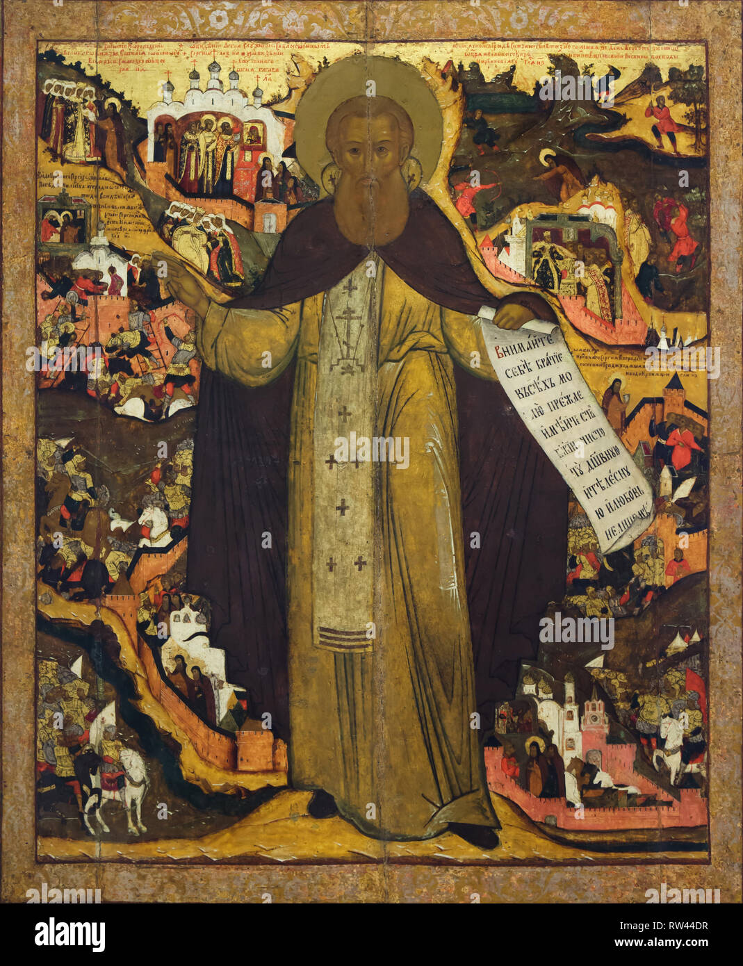 Saint Sergius of Radonezh with scenes from his life. Russian icon of the Yaroslavl icon painting school dated from the beginning of the 17th century on display in the Yaroslavl Art Museum in Yaroslavl, Russia. Stock Photo