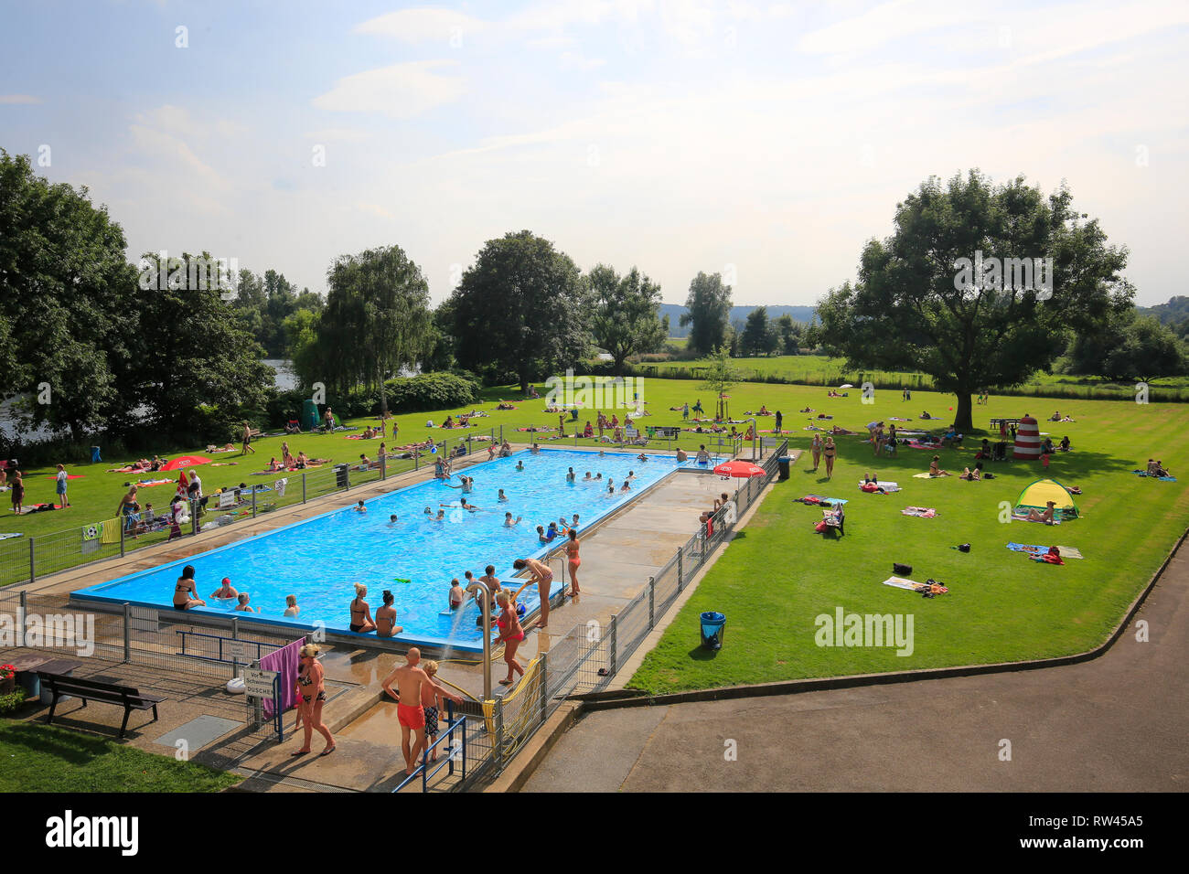 Essen, North Rhine-Westphalia, Ruhr area, Germany, the outdoor swimming pool Steele lies directly on the Ruhr, photographed on the occasion of the Ess Stock Photo