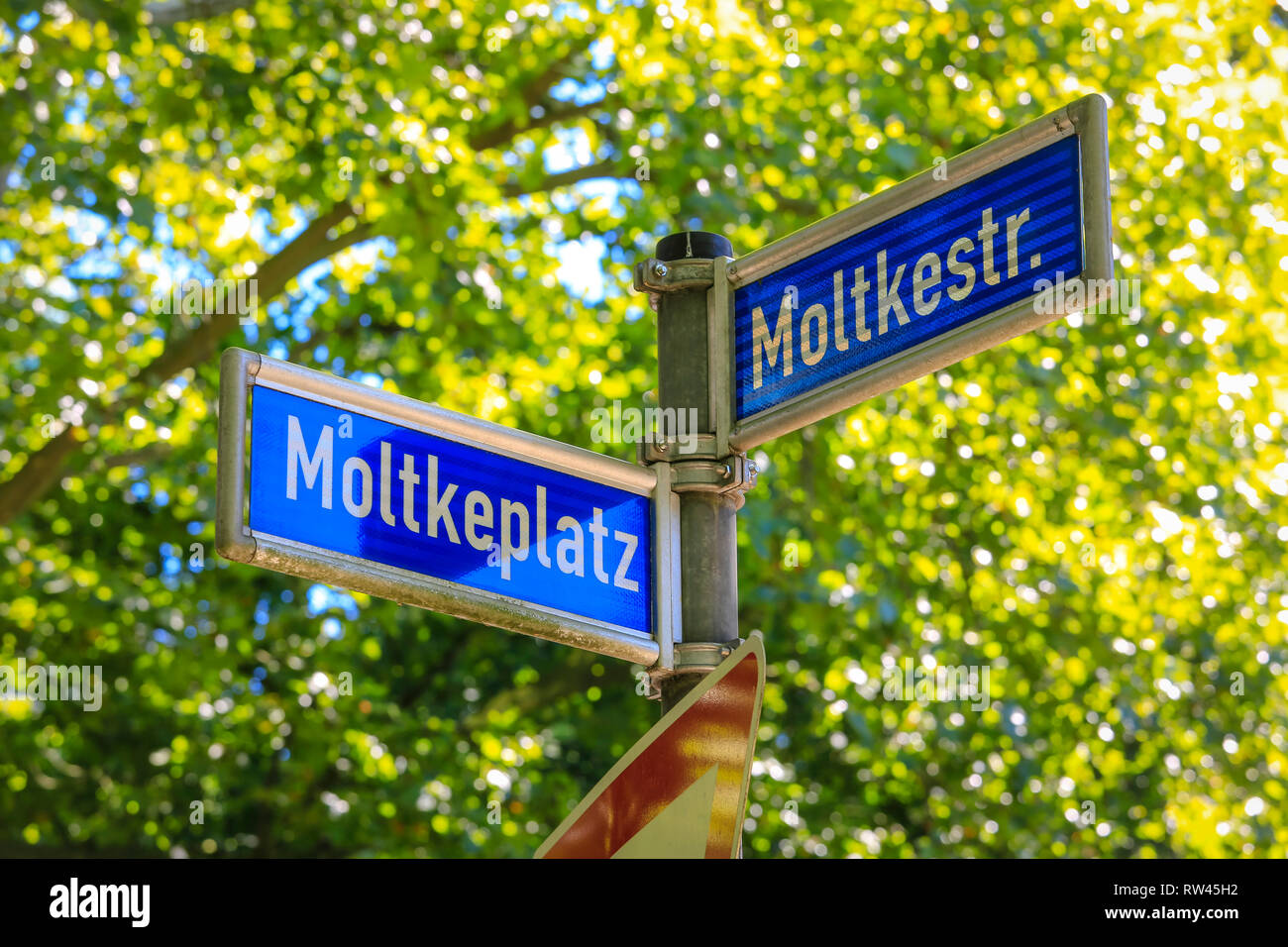 Essen, North Rhine-Westphalia, Ruhr area, Germany, here a street sign in the Moltkeviertel, at the corner Moltkestrasse and Moltkeplatz, photographed  Stock Photo