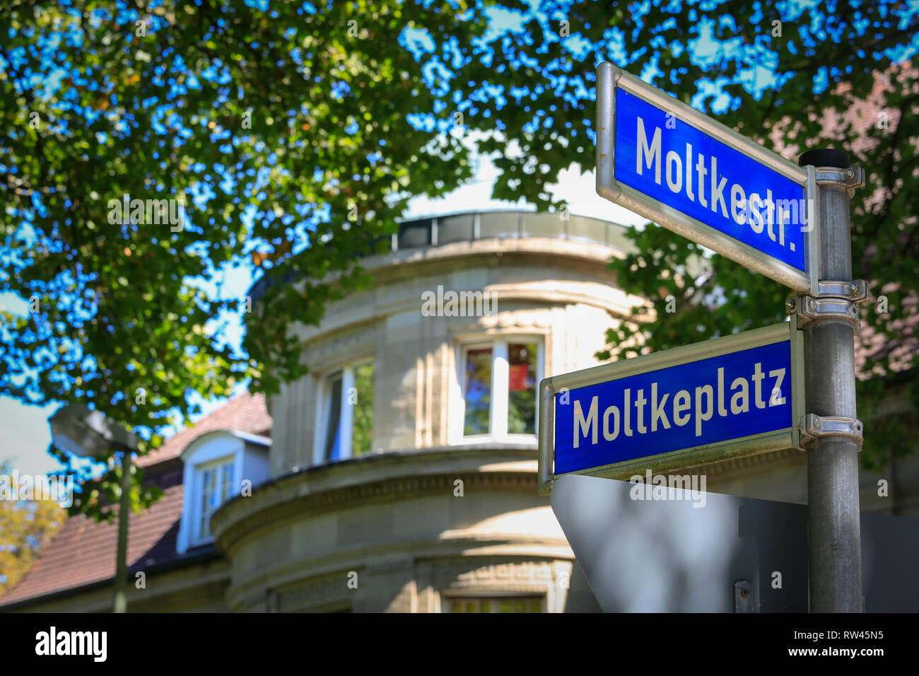 Essen, North Rhine-Westphalia, Ruhr area, Germany, here a street sign in the Moltkeviertel, at the corner Moltkestrasse and Moltkeplatz, photographed  Stock Photo