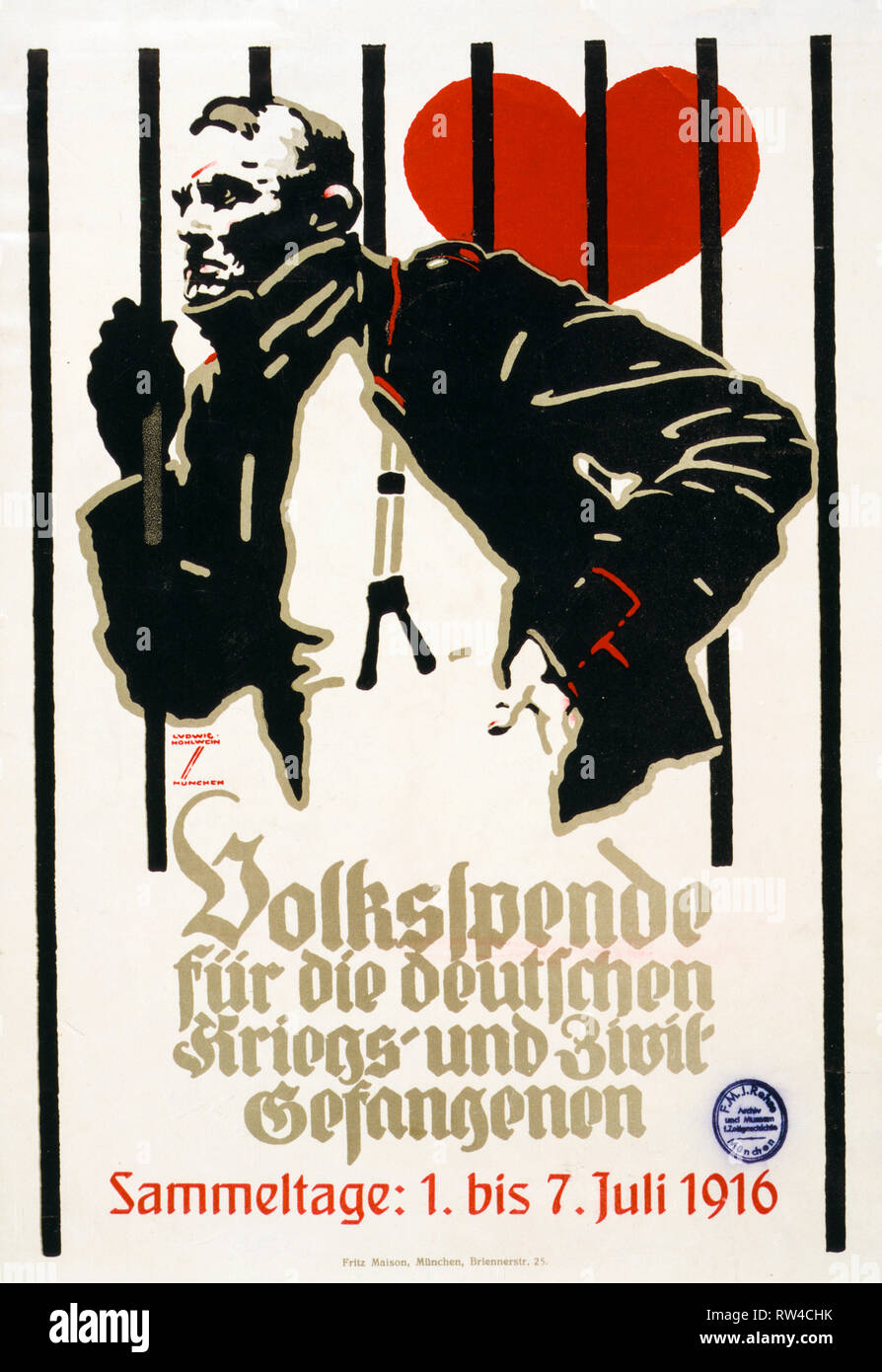 German World War 1 poster, Donation for German war and civilian prisoners, 1916, Ludwig Hohlwein Stock Photo