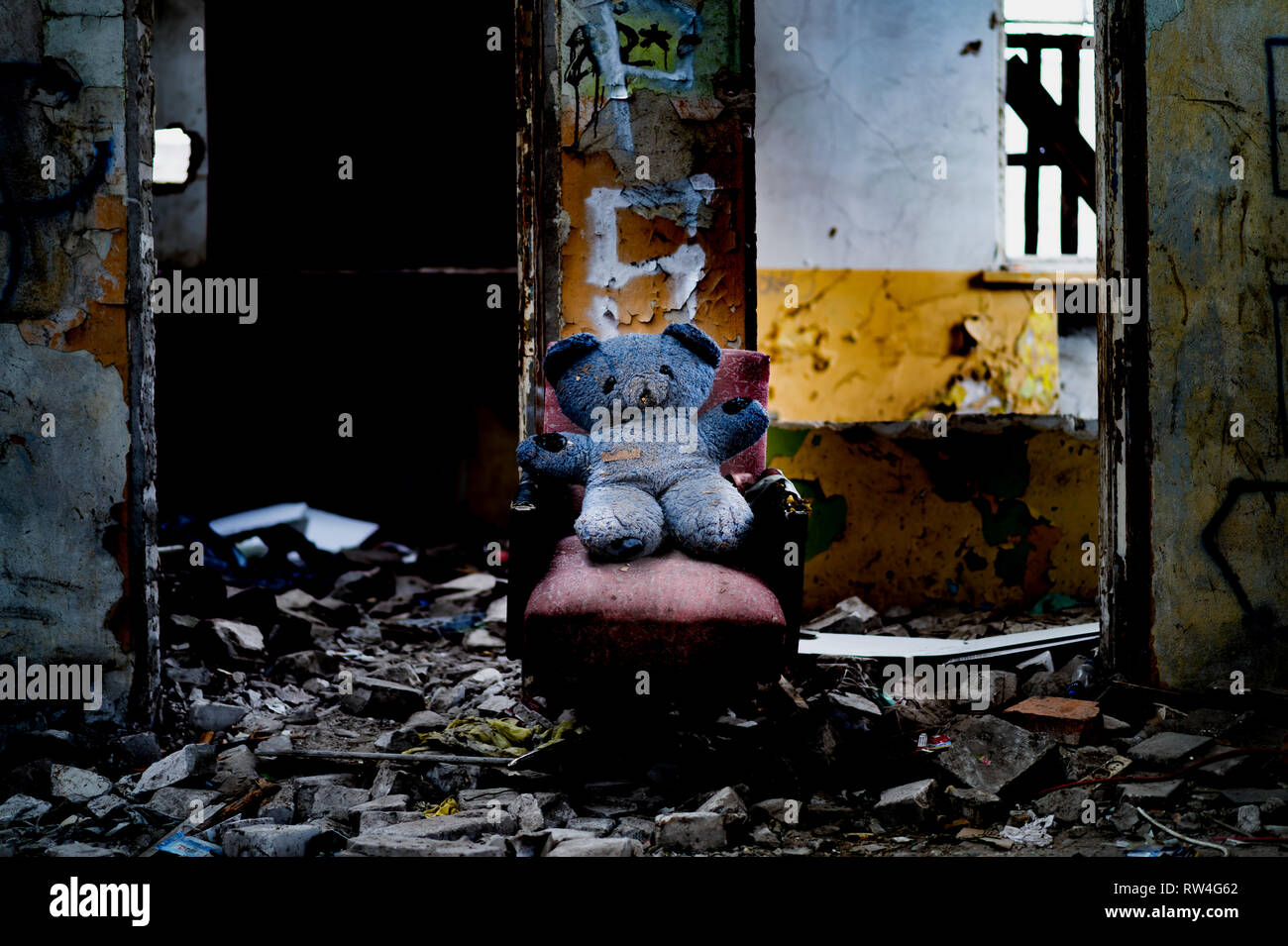 Alone teddy bear in closed chemical fiber factory "Chemitex Stock Photo
