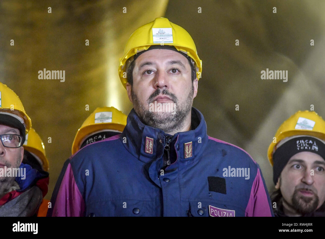 Italy's Interior Minister and deputy PM Matteo Salvini visits the site of the TAV high-speed train line between Italy and France, in Chiomonte, northwestern Italy.  Featuring: Matteo Salvini Where: Chiomonte, Piedmont, Italy When: 01 Feb 2019 Credit: IPA/WENN.com  **Only available for publication in UK, USA, Germany, Austria, Switzerland** Stock Photo