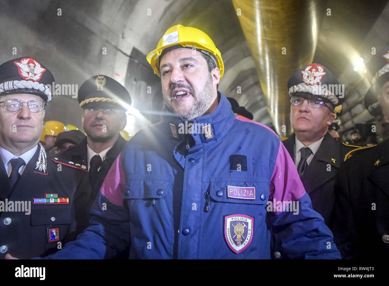 Italy's Interior Minister and deputy PM Matteo Salvini visits the site of the TAV high-speed train line between Italy and France, in Chiomonte, northwestern Italy.  Featuring: Matteo Salvini Where: Chiomonte, Piedmont, Italy When: 01 Feb 2019 Credit: IPA/WENN.com  **Only available for publication in UK, USA, Germany, Austria, Switzerland** Stock Photo