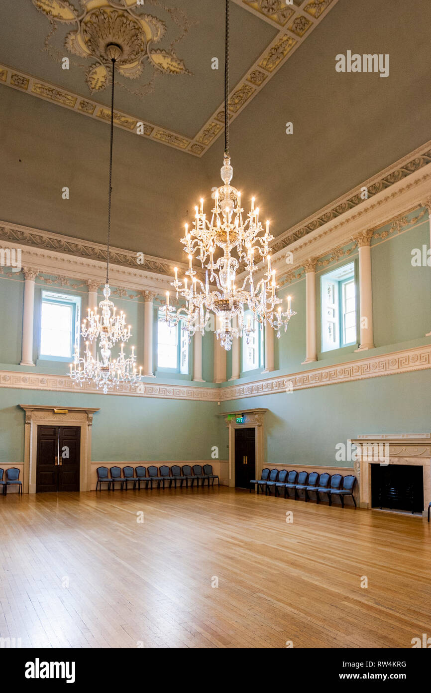 Magnificent glass chandeliers and polished floors in the Ballroom of the Assembly Rooms in Bath, N.E. Somerset, England, UK Stock Photo