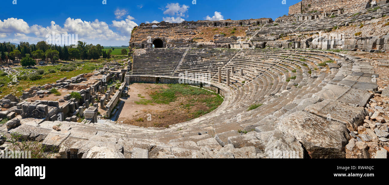 Greek Theatre remodelled in 225-200 BC & again in 175 BC, 68 AD & 299 AD to a width of 139.8 meters to seat 18,500 people.  Miletus Archaeological Sit Stock Photo