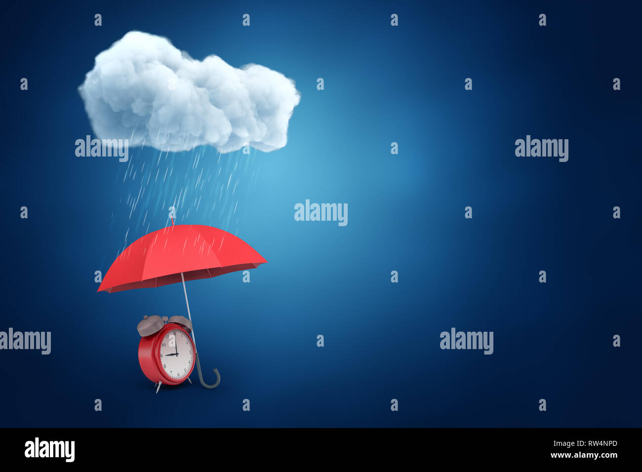 3d rendering of red alarm clock under red umbrella with a cloud and