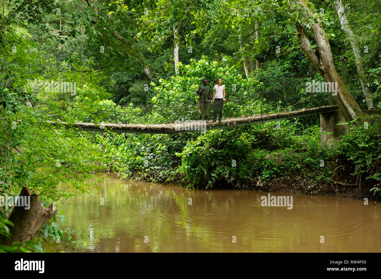 Tourist crossing a bridge in Kyambura Gorge, Queen Elizabeth NP, Uganda Stock Photo