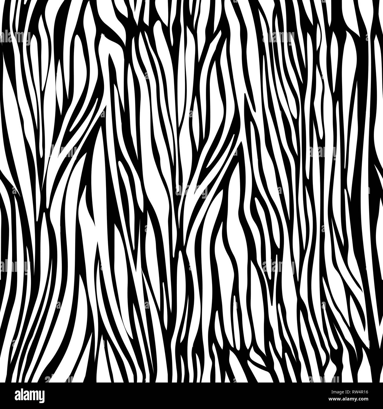 Zebra skin seamless pattern, animal texture, animalistic ornament, monochrome abstract tracery, vector background. Chaotic black stripes on white back Stock Vector