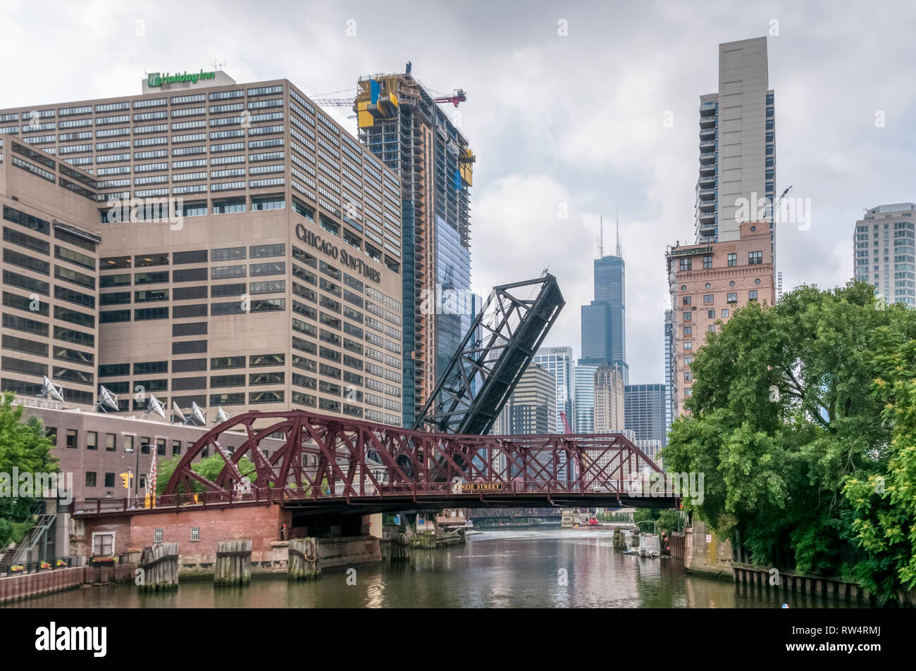 The Kinzie Street railroad bridge across the north branch of the Chicago River is now locked permanently open Stock Photo