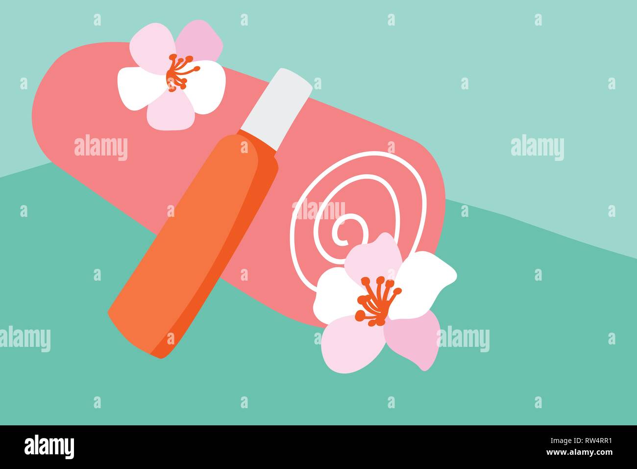 Vector Orange cotton towel and sunscreen body lotion in a orange tube on the background pool. Means for skin care, concept summer of relaxation and Stock Vector