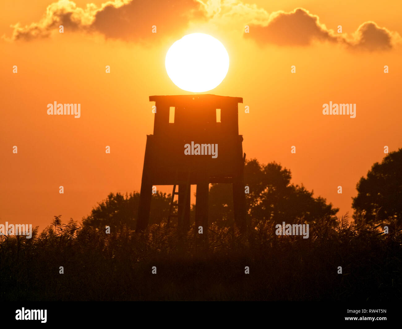 Sunset behind a hide in the Elbmarsch near Barum, Germany. Stock Photo