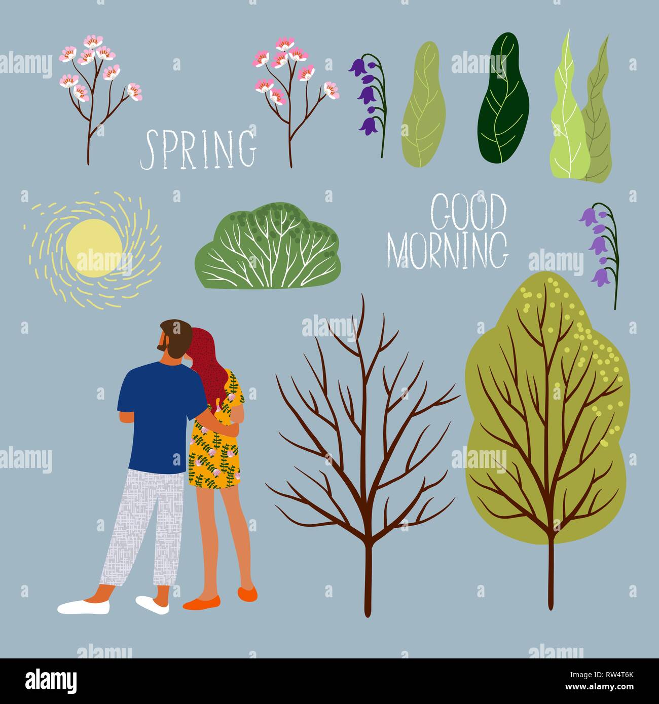 Couple in spring morning, create your cute card. Set of isolated vector elements man and woman, sun, trees, flowers and leaves. Stock Vector