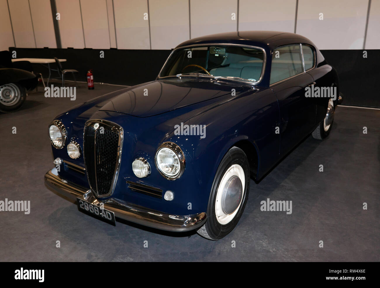 Three-quarter Front-View of a 1955 Lancia Aurelia B20 Coupe 2.5,on display in the Paddock Area of the 2019 London Classic Car Show Stock Photo