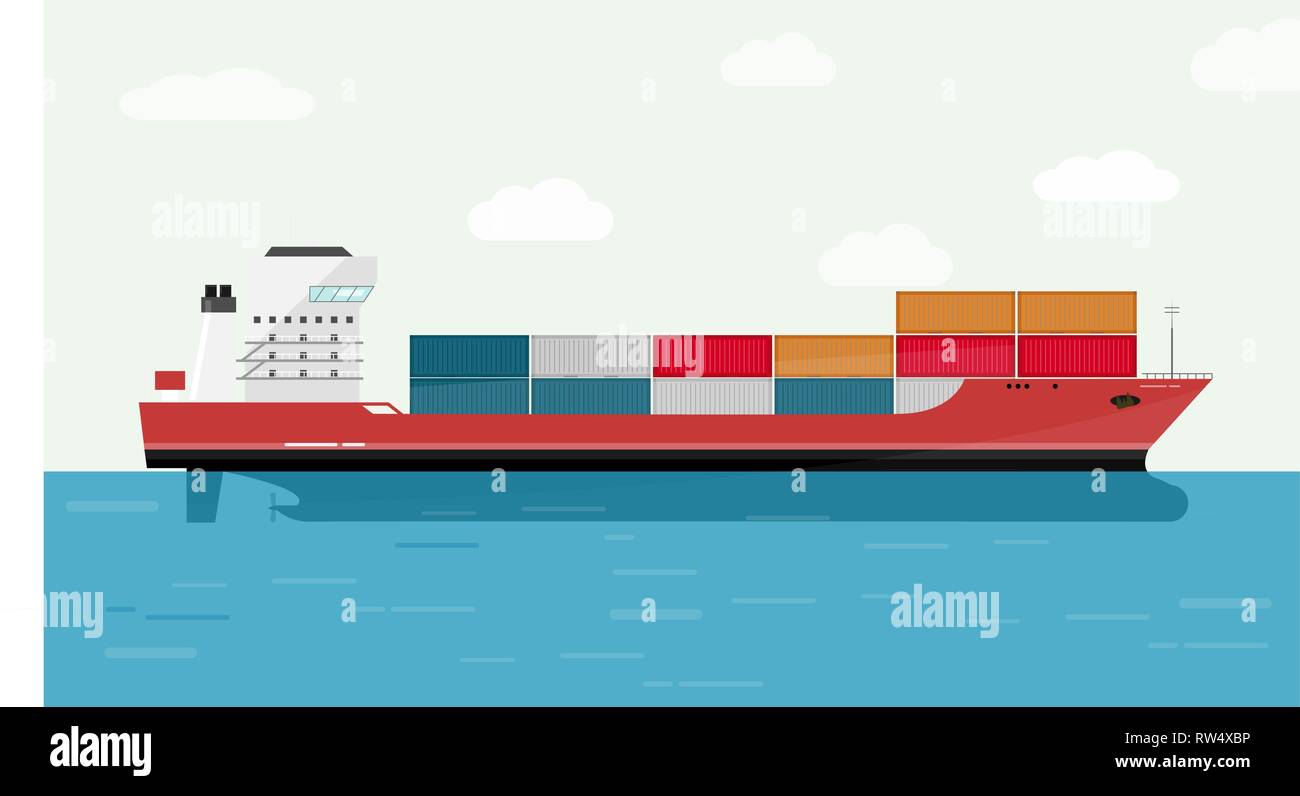 Cargo Ship Container in the Ocean Transportation, Shipping Freight Eransportation. Vector Illustration. Stock Vector