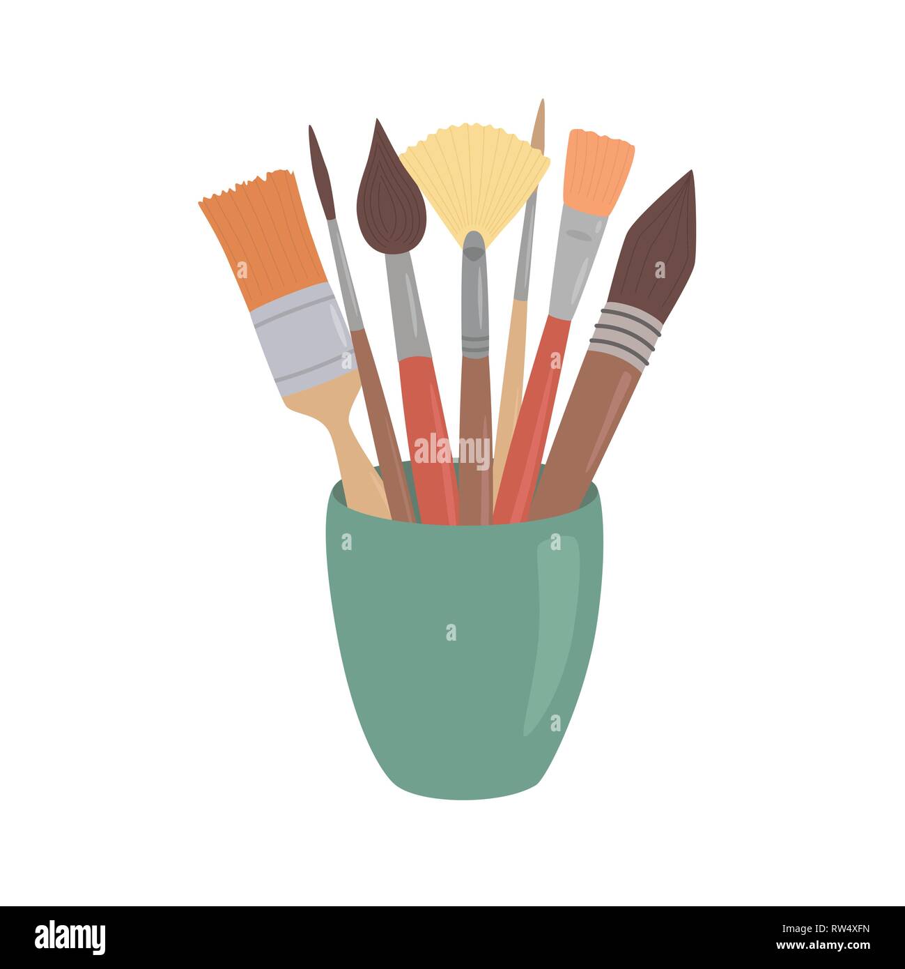 Paint brushes in cup. Cartoon style design element for artist workplaceeinterior, school class, desk top Stock Vector