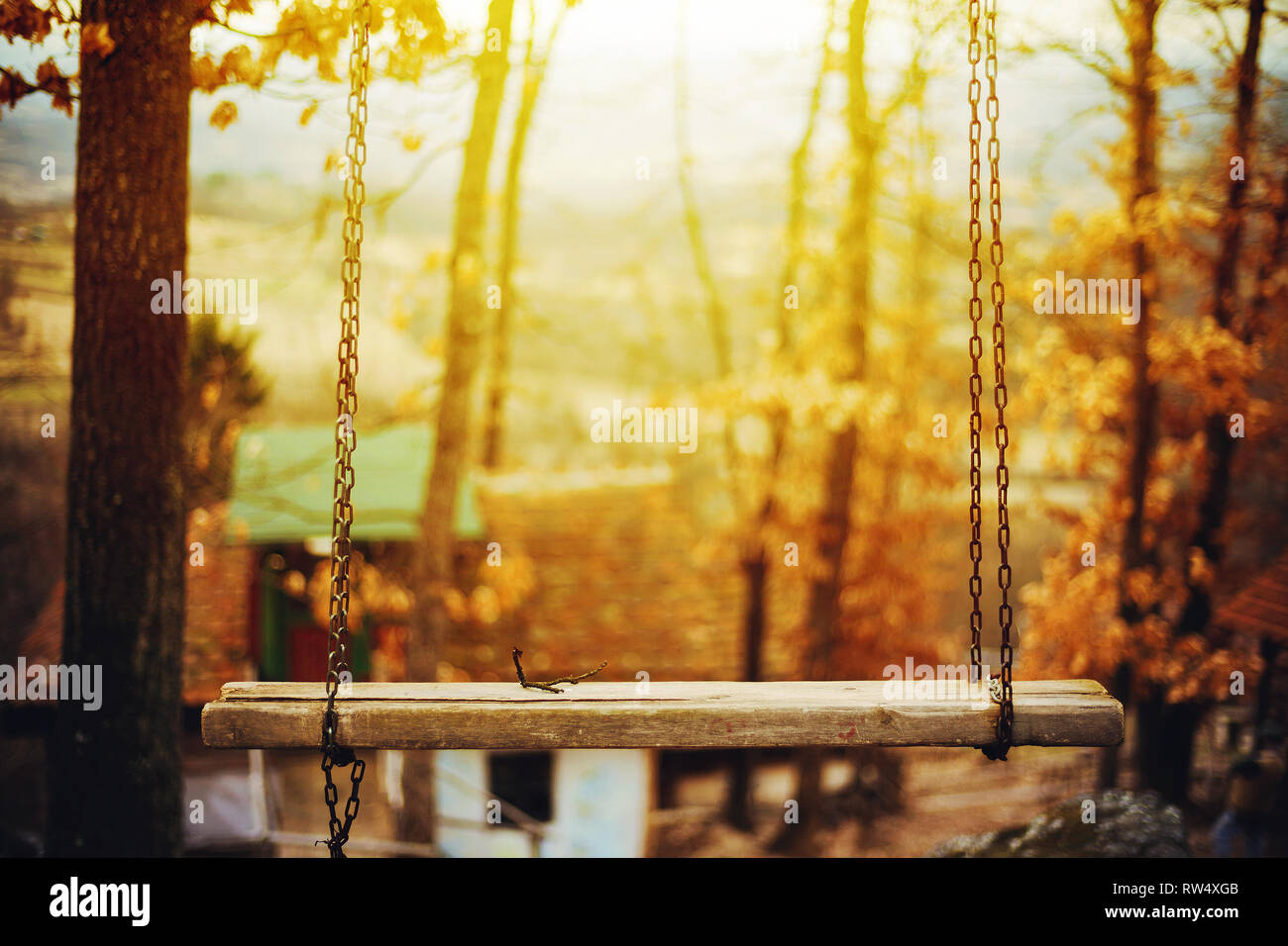 Old wooden rocking chair on chains in wood, late fall season. Stock Photo