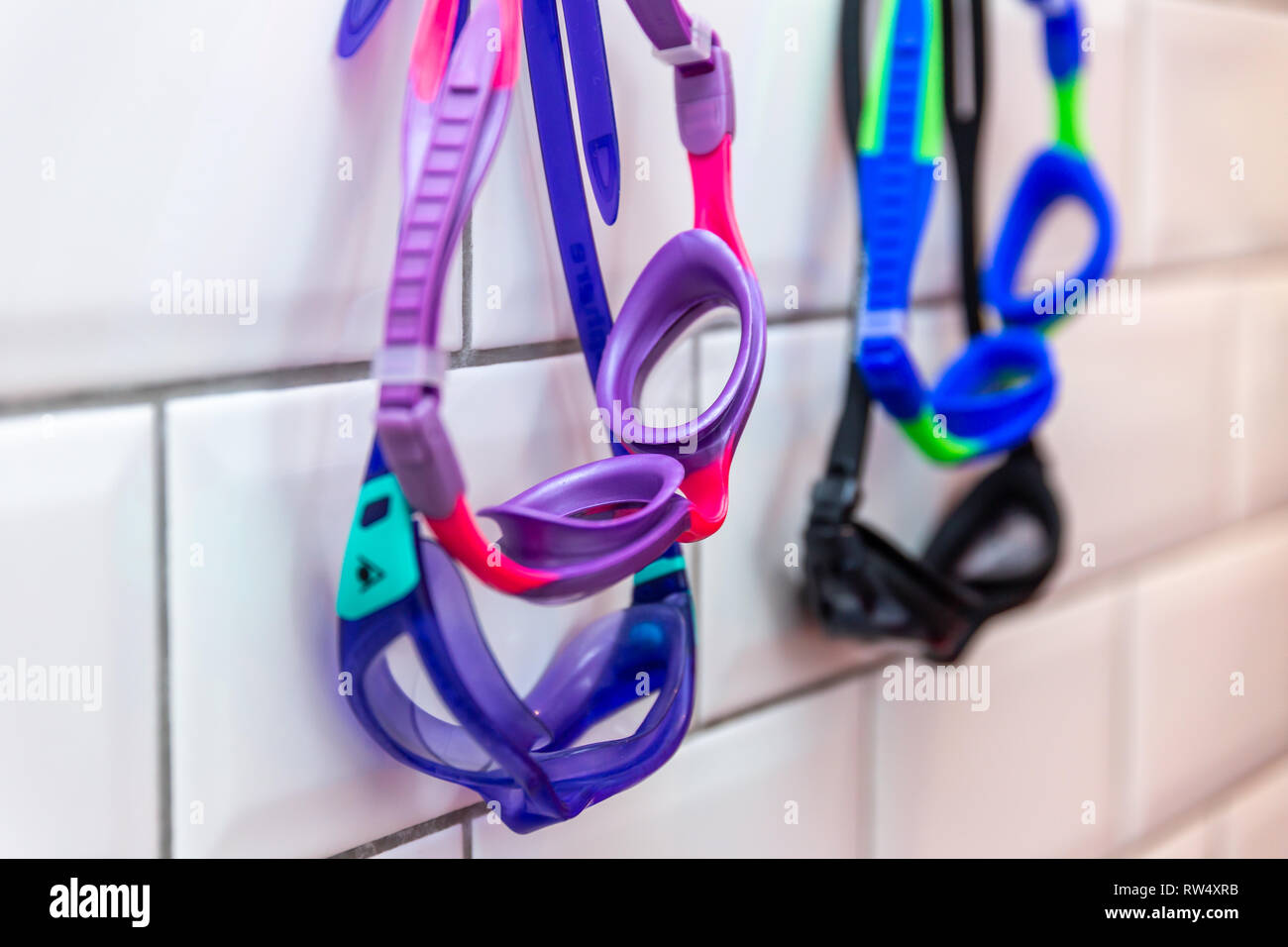 Family of swimming goggles hanging on a tiled wall Stock Photo Alamy