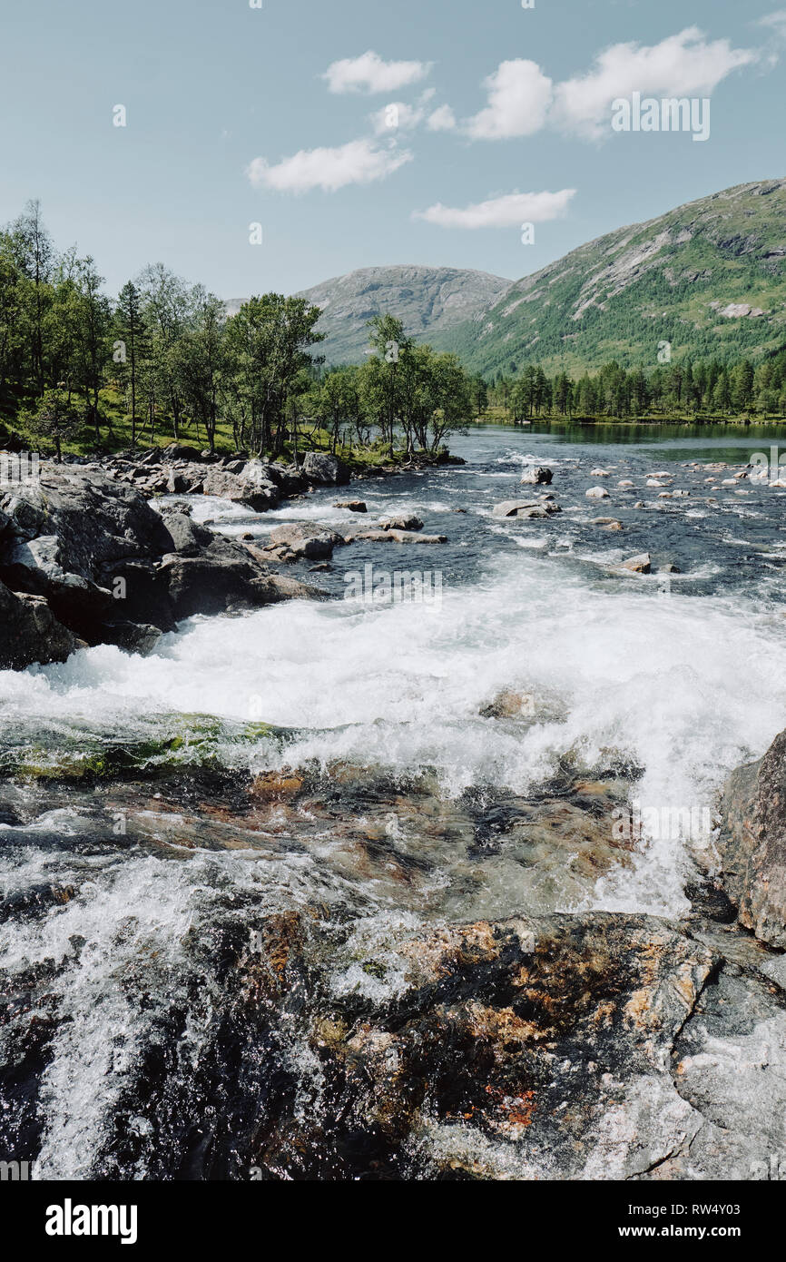 The fast flowing Gaula river landscape of Gaularfjellet in Sogn og Fjordane Norway. Stock Photo