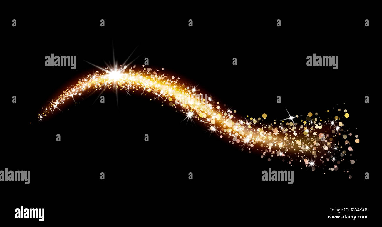 golden swirl of sparkles and glitter on black background Stock Photo