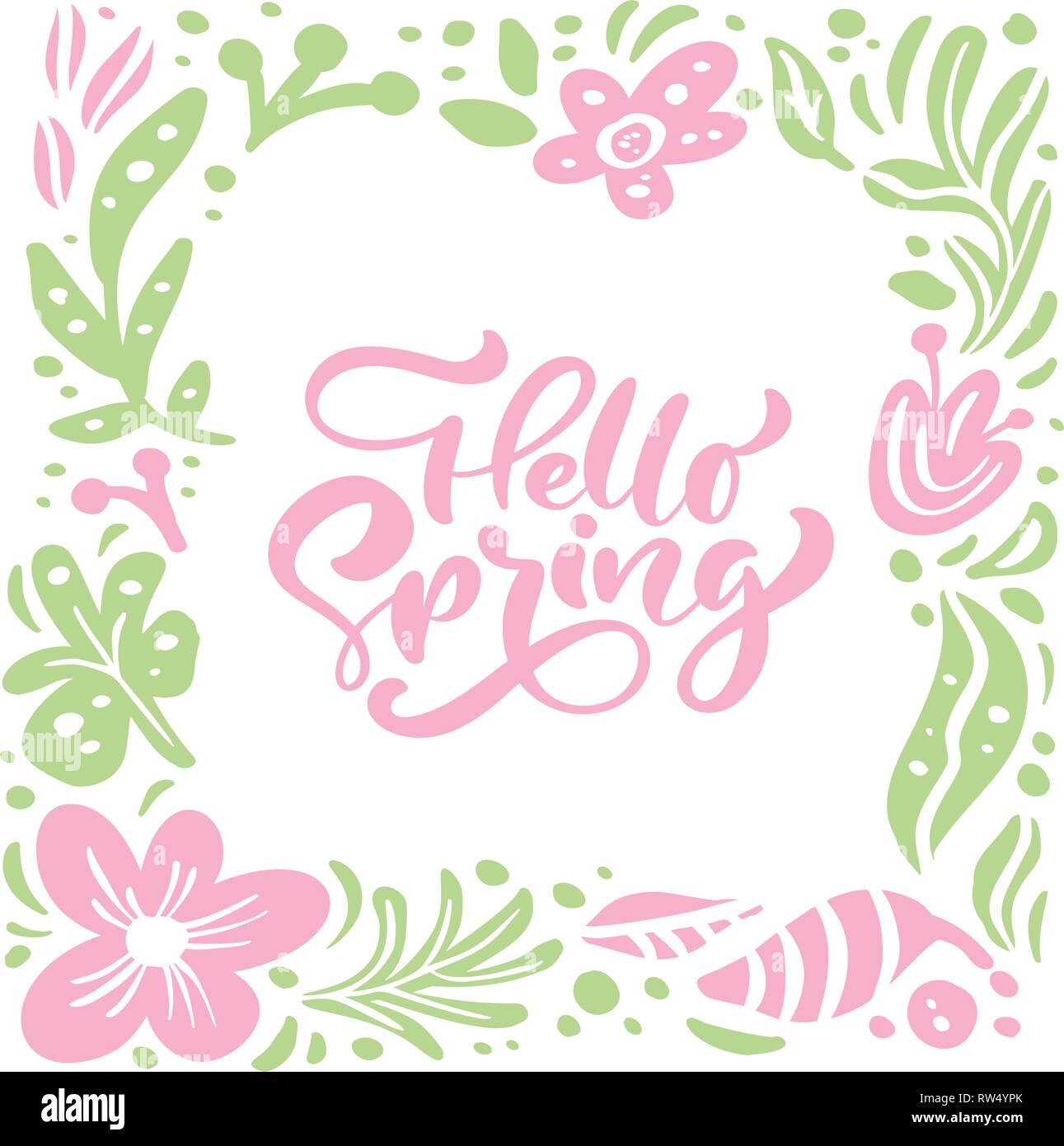 Flower Vector greeting card with text Hello Spring handwritten quote ...