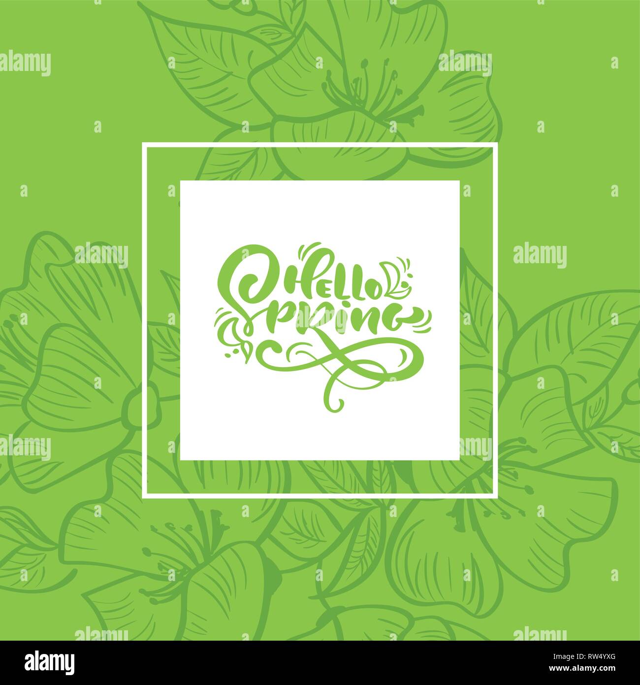 Vector green floral frame for greeting card with handwritten text Hello ...