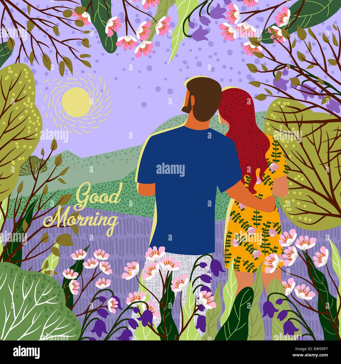 Good morning. Young couple meets new day. Sunrise, hills, flowers, trees, natural landscape in a trendy flat cute style. Vector illustration Stock Vector