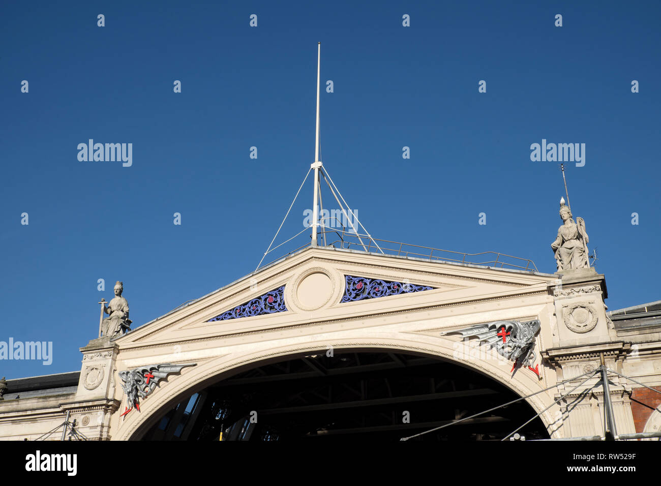 Smithfield Market building roof architectural detail and blue sky in Long Lane, City of London England UK  KATHY DEWITT Stock Photo
