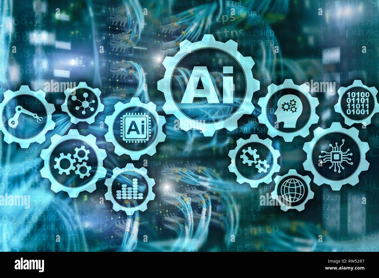 Artificial intelligence hi-tech business technologies concept. Futuristic server room background. AI Stock Photo