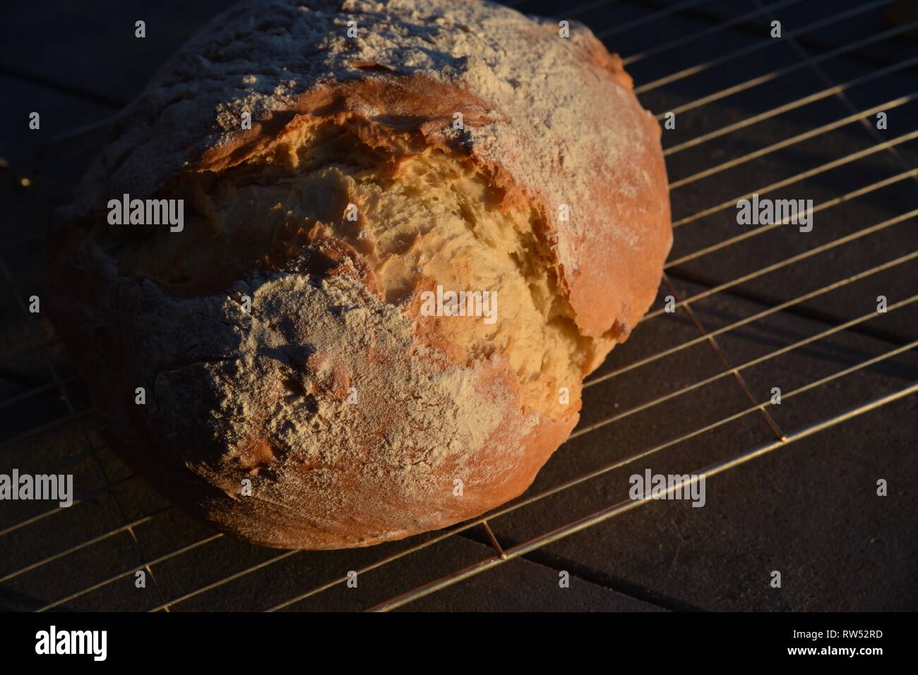 Bread: freshly baked bread cooling on a wire rack Stock Photo - Alamy
