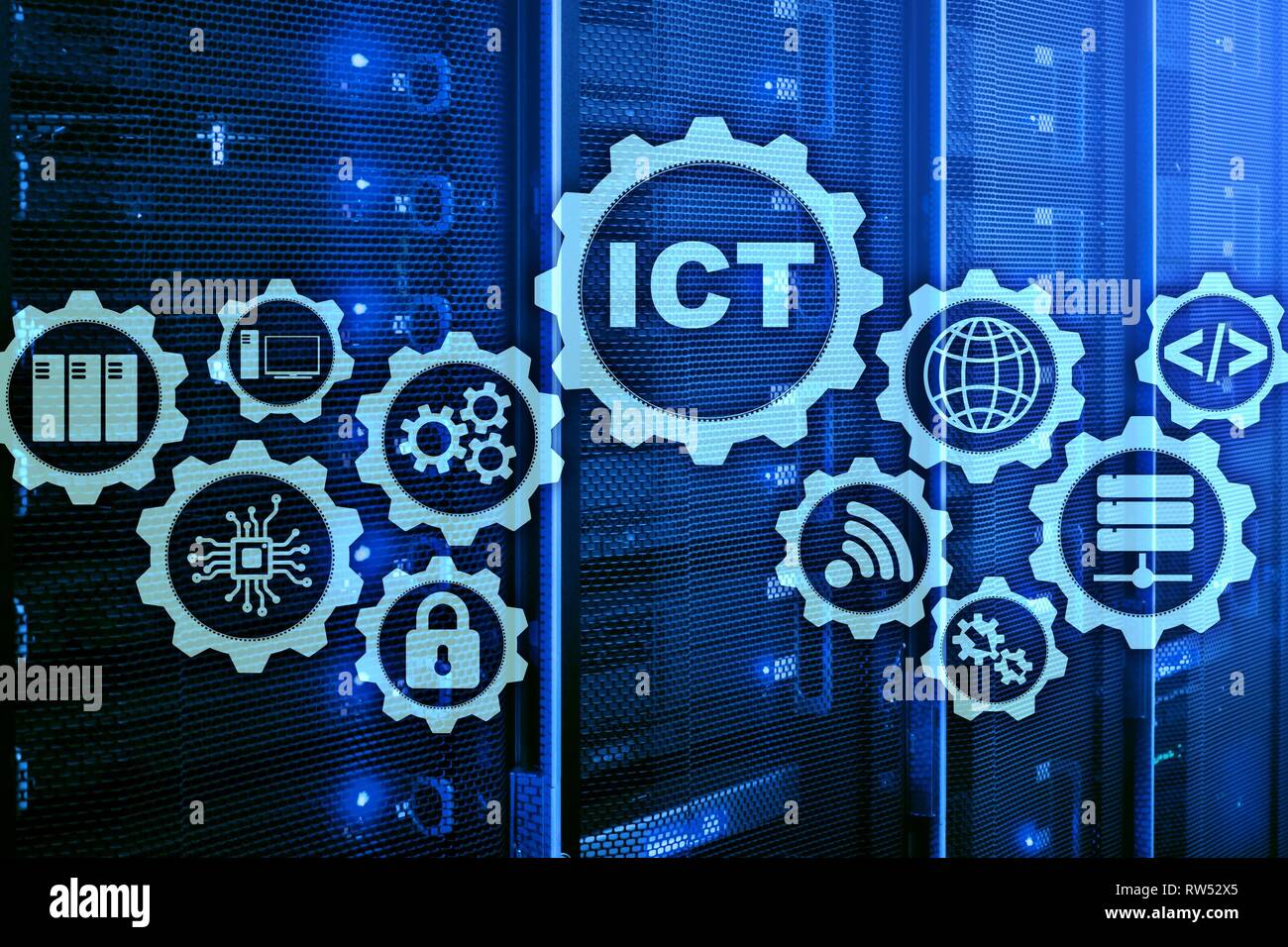 ICT. Information and communications technology on modern server room background. Virtual screen. Stock Photo