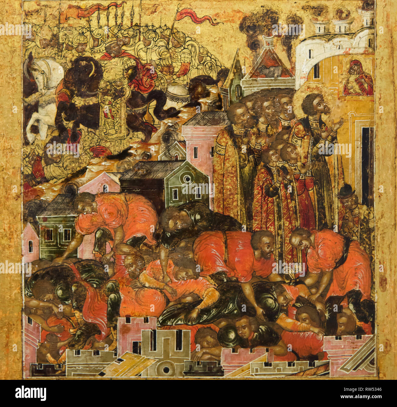Destruction of the city of Vladimir by the Tatars in February 1238. Detail of the Russian icon of Our Lady of Vladimir of the Yaroslavl icon painting school dated from the middle of the 17th century from the Church of Saint John Chrysostom in Korovniky in Yaroslavl, now on display in the Yaroslavl Museum Preserve in Yaroslavl, Russia. Stock Photo